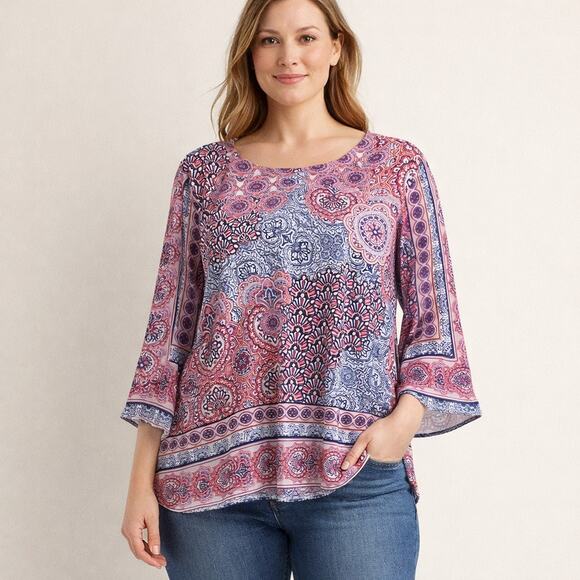 Chico's Tops - Chico's Tile Print Kimono-Sleeve Blouse Size 1 (Medium). V neck and bell sleeves